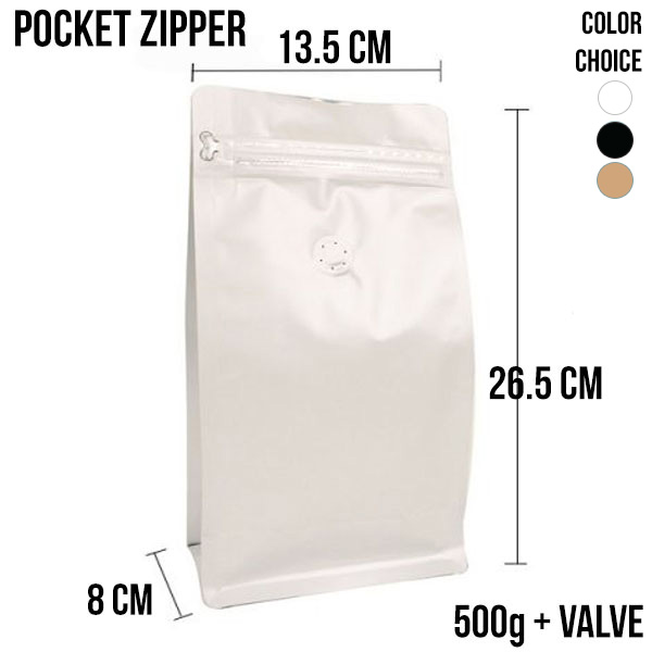 ถุงกาแฟ ซิปข้าง + วาลว์  500g Side Pocket Zipper Coffee Bag with Valve (เลือกสี) - Image 1